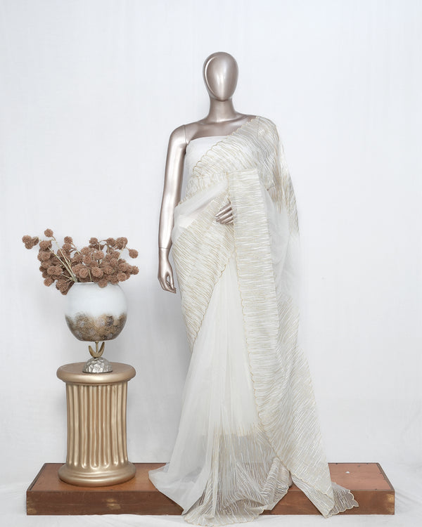Offwhite & Gold Textured Organza Saree – Modern Minimal Elegance SAN4954