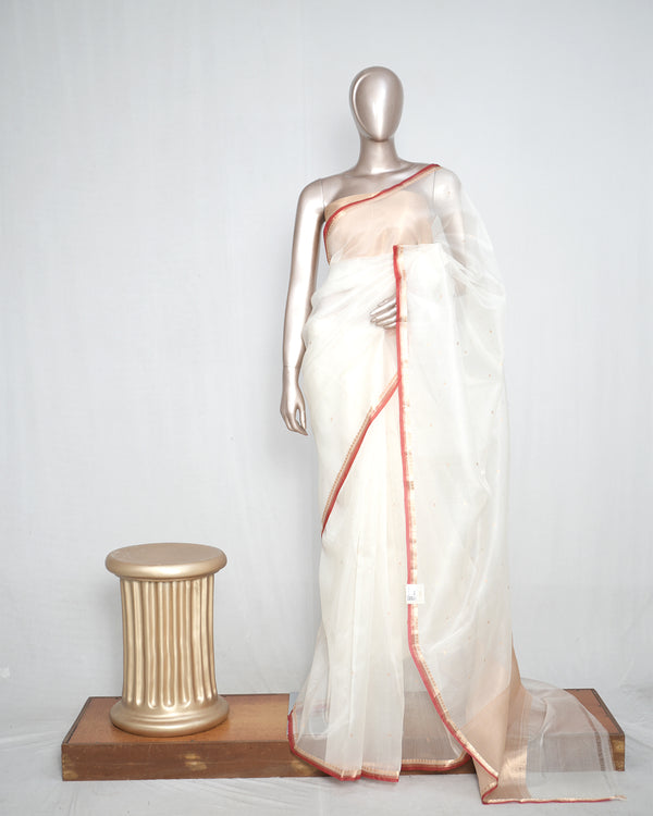 Pure Kora Organza Saree – Ivory Gold Elegance  SAN4729
