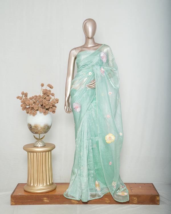 Ice Mint Green Crystal Organza Saree SAN4346