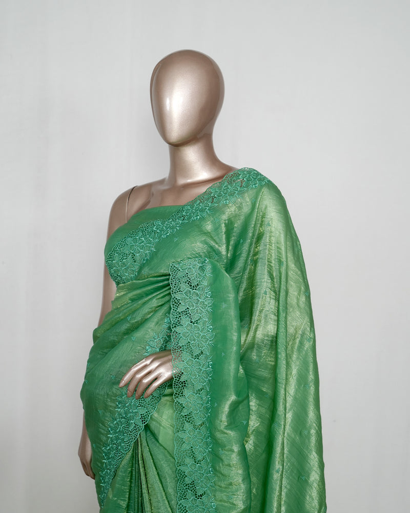 Shimmer Crushed Satin _ Crushed Tissue EMB Saree (₹4300) B 004119