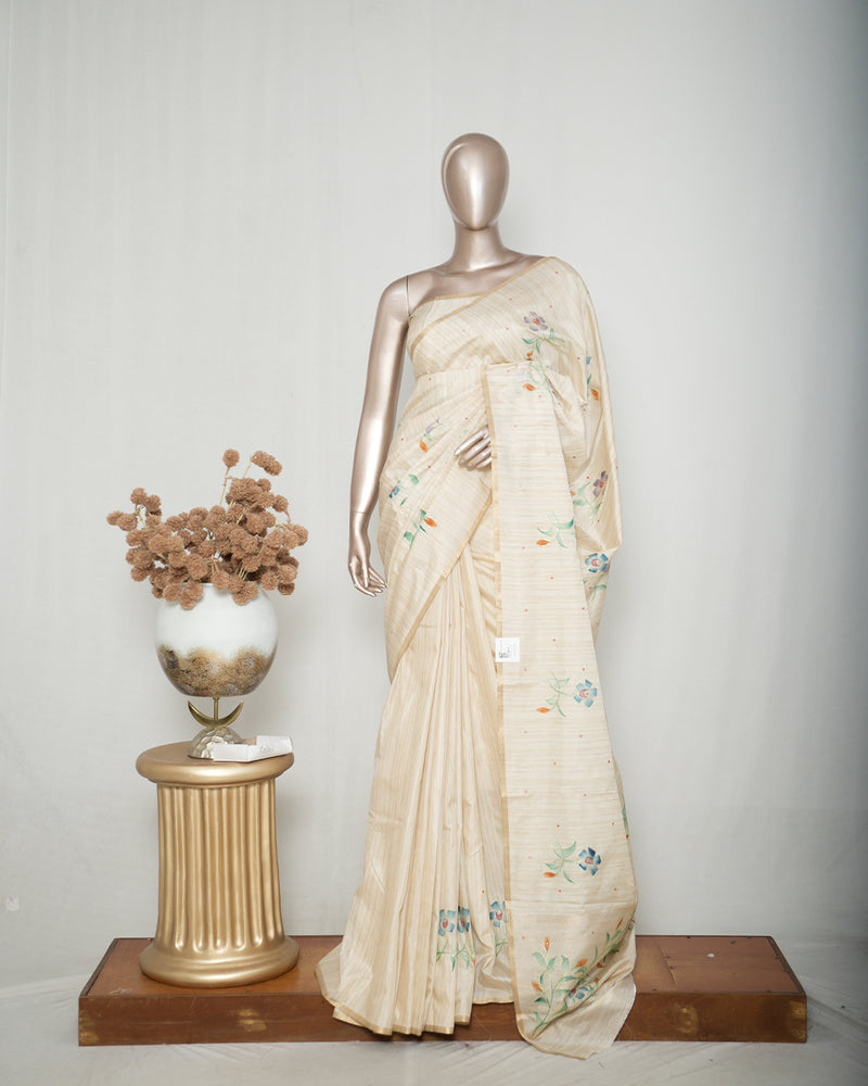 Ivory Floral Hand-Painted Kota Saree E SAN5318