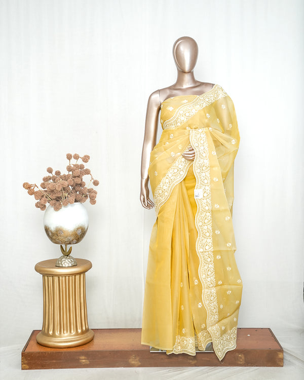 Pastel yellow Organza Saree  P  005312