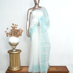 White Organza Saree with Blue Appliqué Embroidery & Scalloped Finish SAN5308