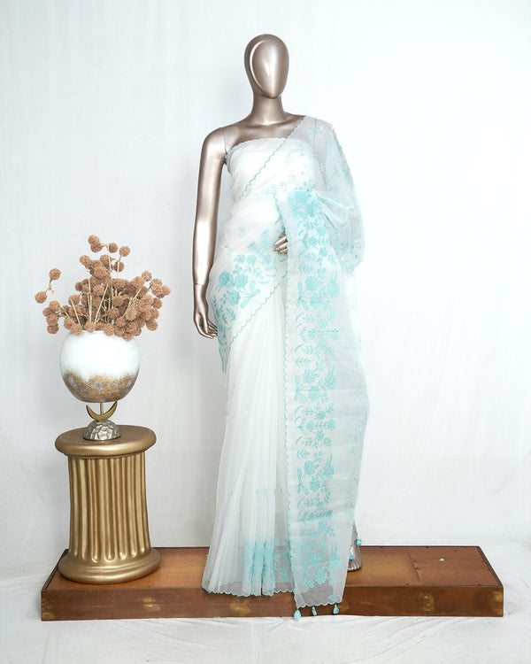 White Organza Saree with Blue Appliqué Embroidery & Scalloped Finish SAN5308
