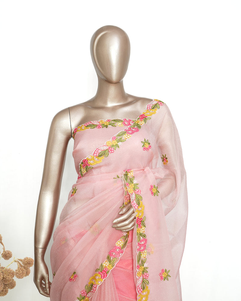 Peach Organza Saree with Floral Thread Embroidery  SAN4338
