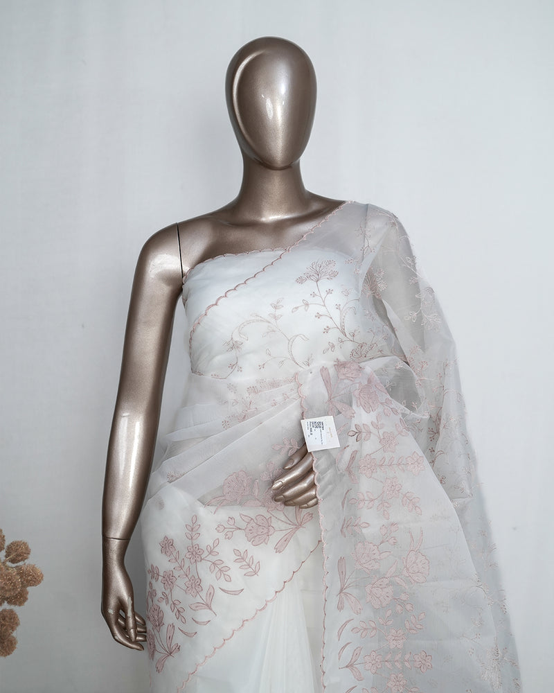 White Organza Saree with  Mauve Appliqué Embroidery & Scalloped Finish  SAN5308