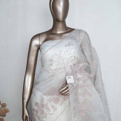 White Organza Saree with  Mauve Appliqué Embroidery & Scalloped Finish  SAN5308
