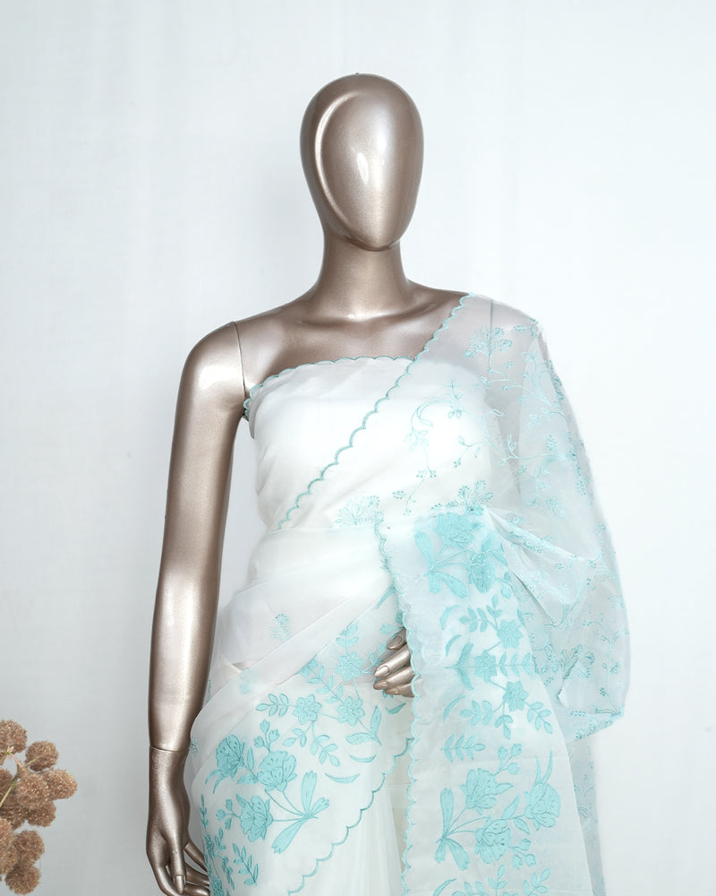 White Organza Saree with Blue Appliqué Embroidery & Scalloped Finish SAN5308