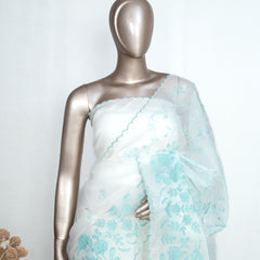 White Organza Saree with Blue Appliqué Embroidery & Scalloped Finish SAN5308