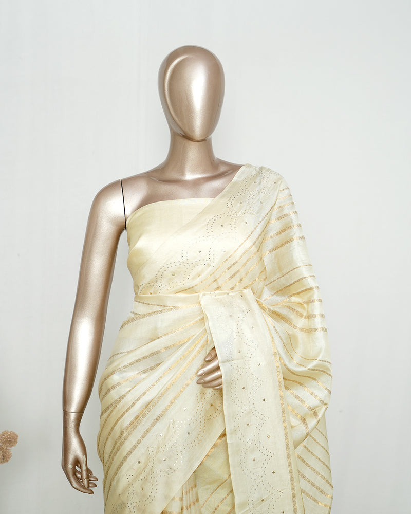 Ivory Tussar Silk Saree with Mukesh Handwork Border & Elegant Pallu SAN4852
