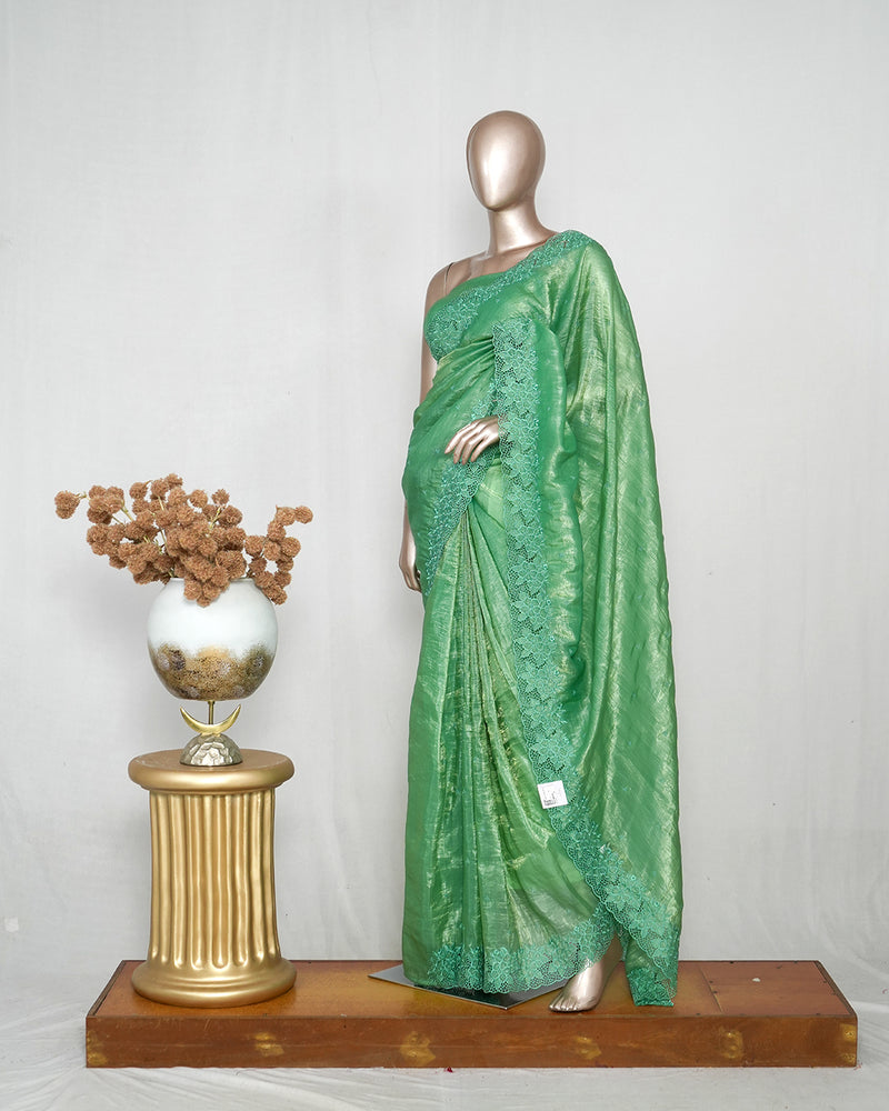 Shimmer Crushed Satin _ Crushed Tissue EMB Saree (₹4300) B 004119