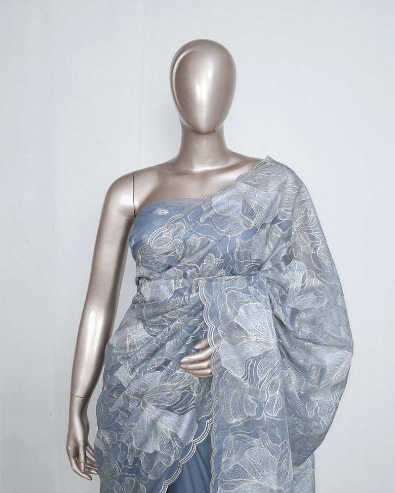 Powder Blue Organza Saree with Floral Silver & Gold Hand Embroidery SAN5300