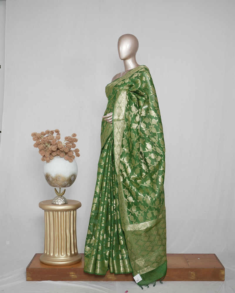 ⁠Linen Silk Saree with Banarasi Weaving  SAN4059