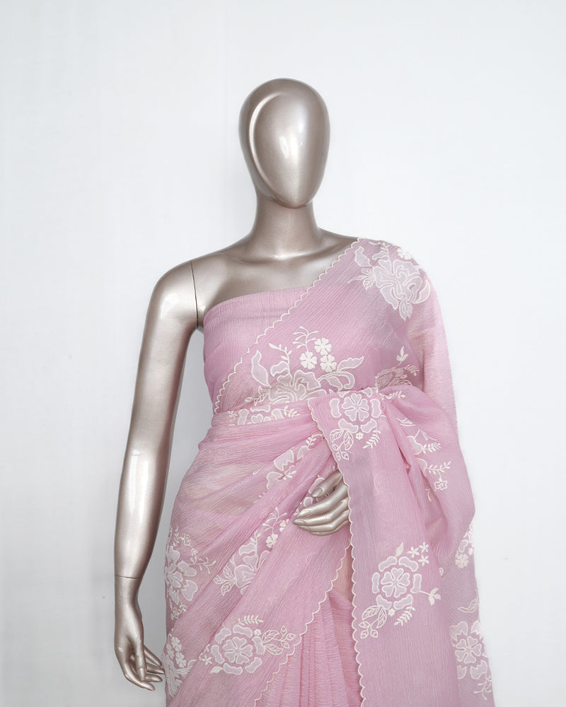 Blush Pink Crushed Organza Saree – Floral Elegance  SAN3997