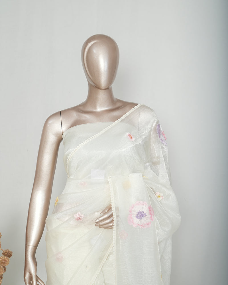 Ivory Crystal Organza Saree SAN4343