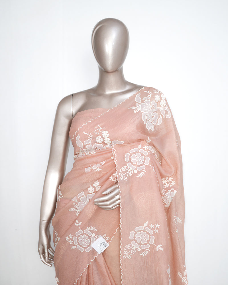Blush Peach Crushed Organza Saree – Floral Elegance  SAN3991