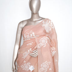 Blush Peach Crushed Organza Saree – Floral Elegance  SAN3991