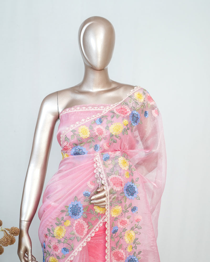 Pink Organza Saree with Floral Thread Embroidery SAN4320