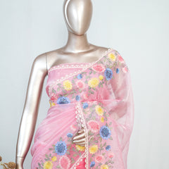 Pink Organza Saree with Floral Thread Embroidery SAN4320