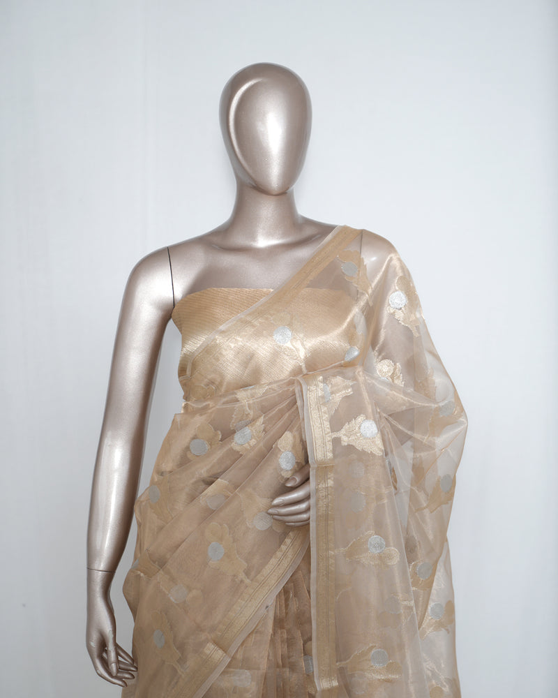 Champagne Gold Pure Tissue Silk Saree – Radiant Elegance in Every Drape  SAN4375