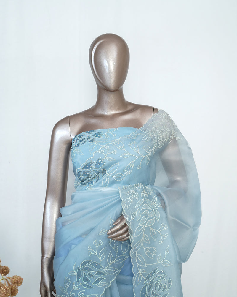 Blue Organza Saree with Floral Thread Embroidery SAN4934