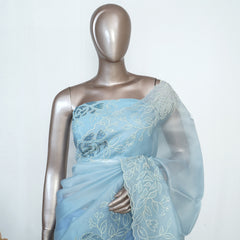 Blue Organza Saree with Floral Thread Embroidery SAN4934