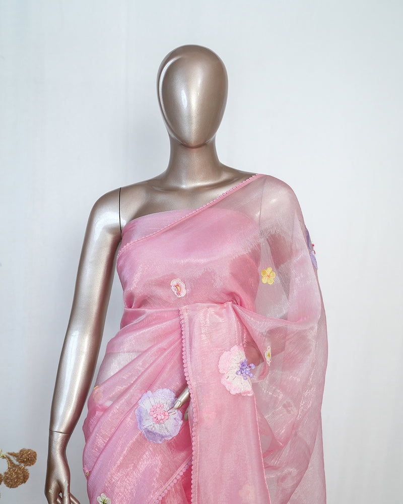 Pink Organza Saree with Floral Thread Embroidery  SAN4348