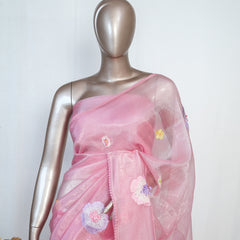 Pink Organza Saree with Floral Thread Embroidery  SAN4348