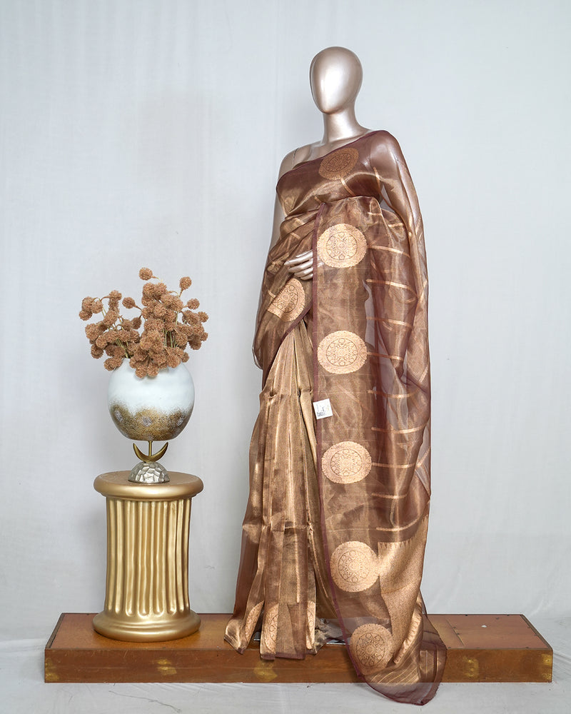 Copper Brown Pure Golden Tissue Silk Saree SAN4738