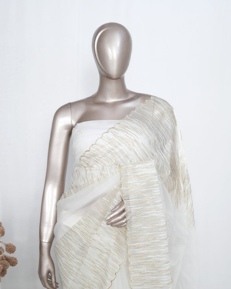 Offwhite & Gold Textured Organza Saree – Modern Minimal Elegance SAN4954