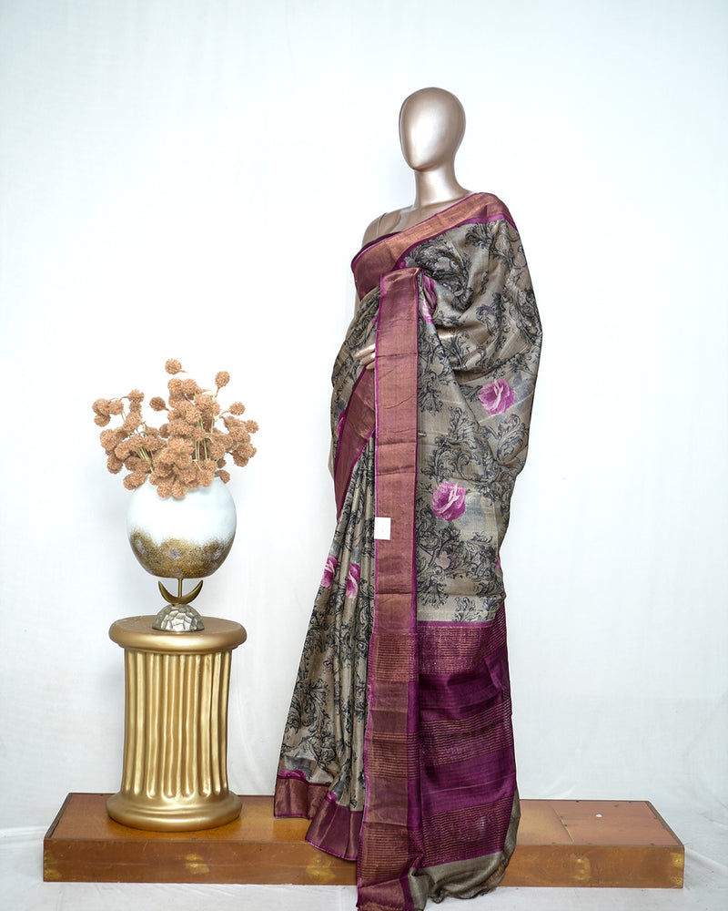 Tussar Silk Printed Saree with Bavunchi Border SAN4193