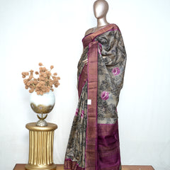 Tussar Silk Printed Saree with Bavunchi Border SAN4193