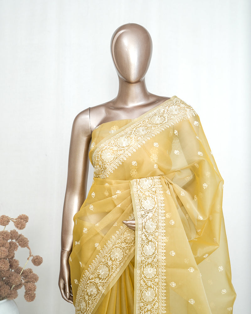 Muted pastel yellow Organza Saree  Q SAN5312