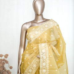 Muted pastel yellow Organza Saree  Q SAN5312
