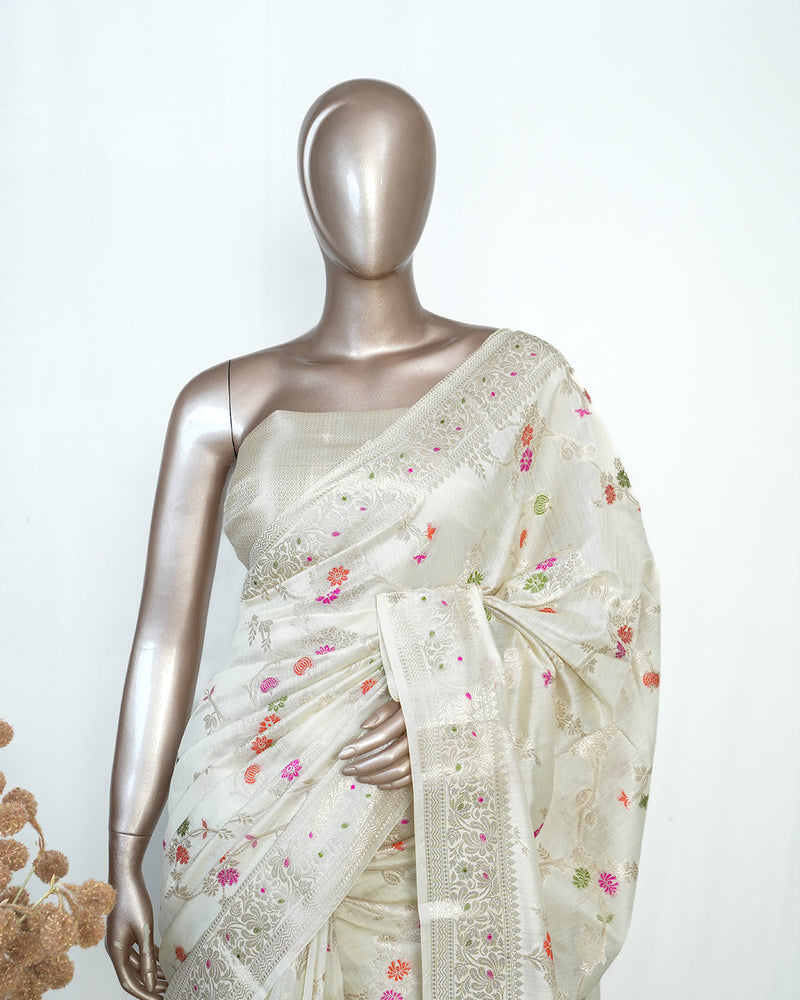 Ivory Banarasi Chanderi Saree with Meenakari Floral Weaving  SAN4387