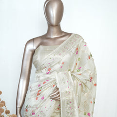 Ivory Banarasi Chanderi Saree with Meenakari Floral Weaving  SAN4387