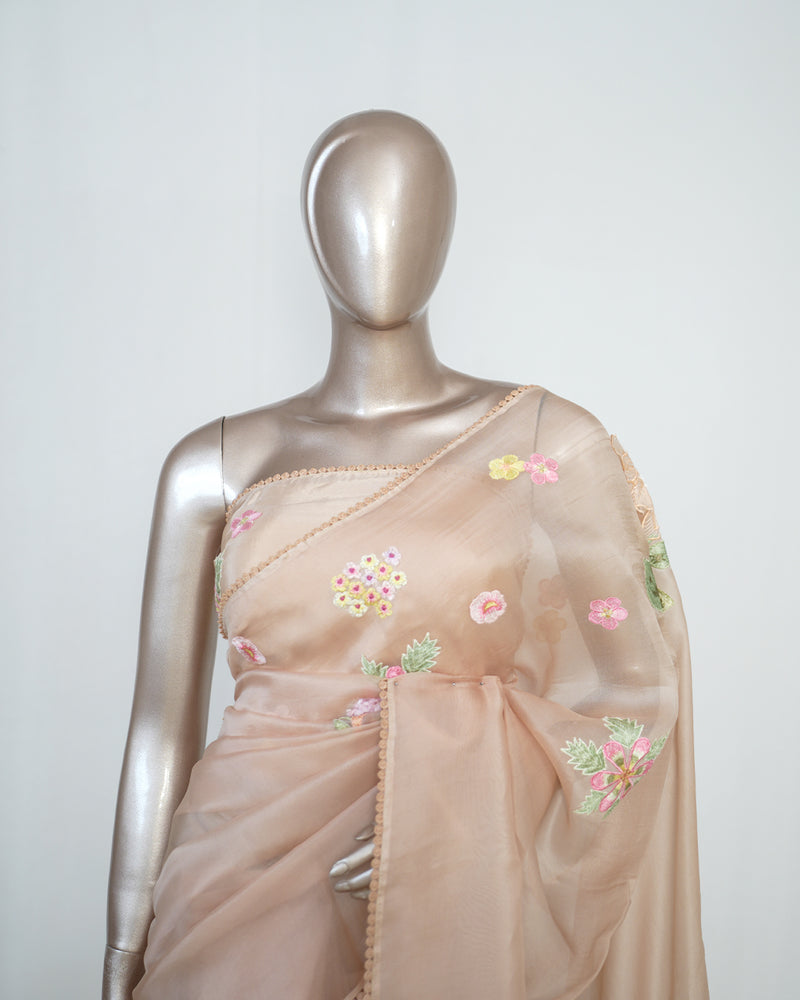 Nude Shade Organza Saree with 3D Appliqué Embroidery SAN4862
