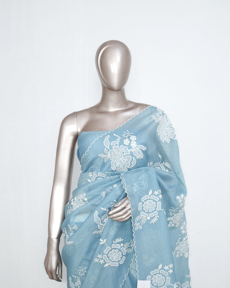 Pastel blue Crushed Organza Saree – Floral Elegance  SAN3990