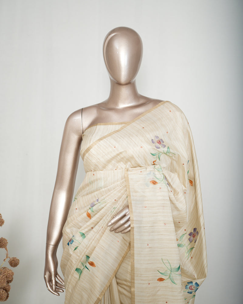 Ivory Floral Hand-Painted Kota Saree E SAN5318