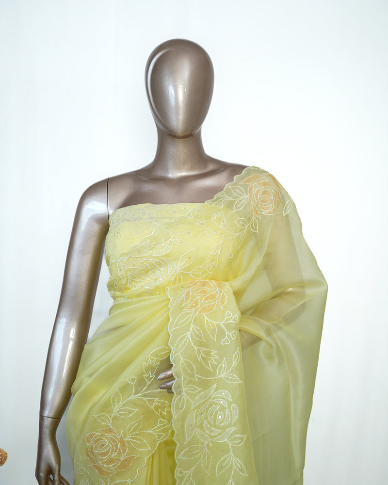 Yellow Organza Saree with Floral Thread Embroidery SAN4934