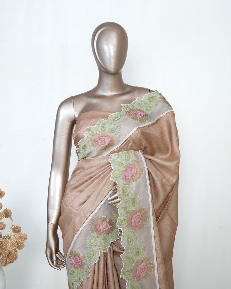 Nude Pure Tusser Silk Saree with Organza Embroidered Border  SAN4950