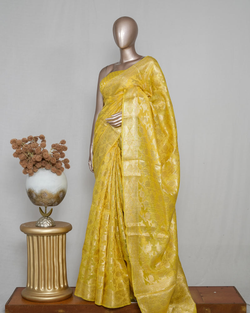 ⁠Linen Silk Saree with Banarasi Weaving  SAN4061