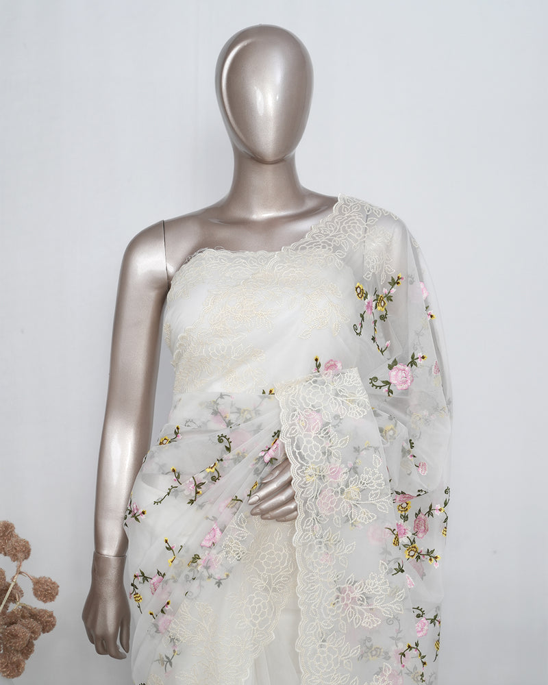 Offwhite Floral Embroidered Organza Saree – Timeless Grace  SAN4955
