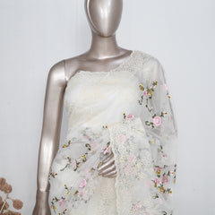 Offwhite Floral Embroidered Organza Saree – Timeless Grace  SAN4955