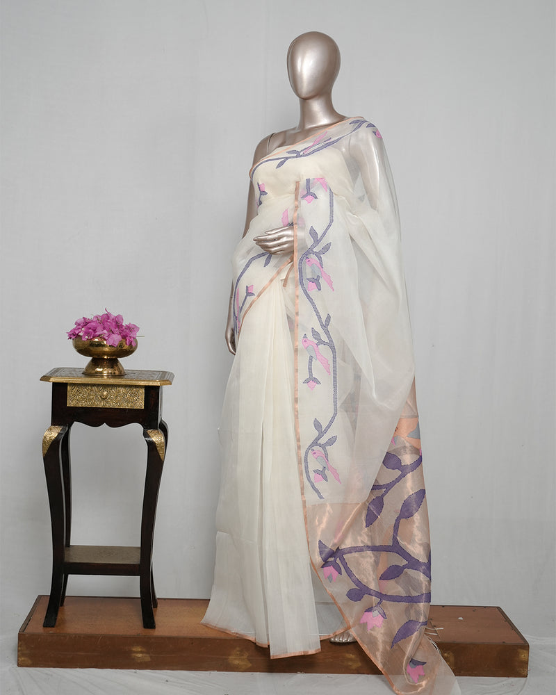 Pure Kora Silk Organza Saree with Jamdani Weaving SAN4929