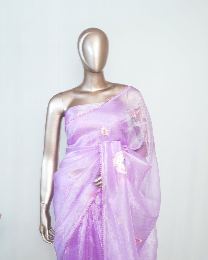 Lilac Organza Saree with Floral Thread Embroidery  SAN4349