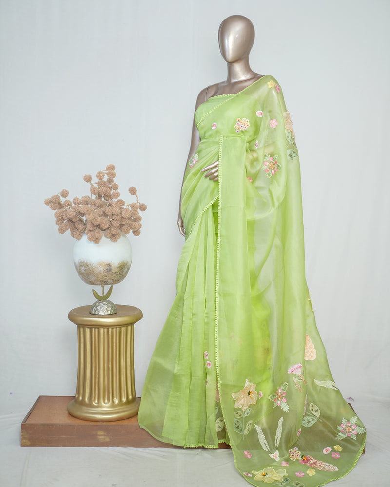 Parrot Green Organza Saree with 3D Appliqué Embroidery SAN4865