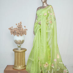 Parrot Green Organza Saree with 3D Appliqué Embroidery SAN4865