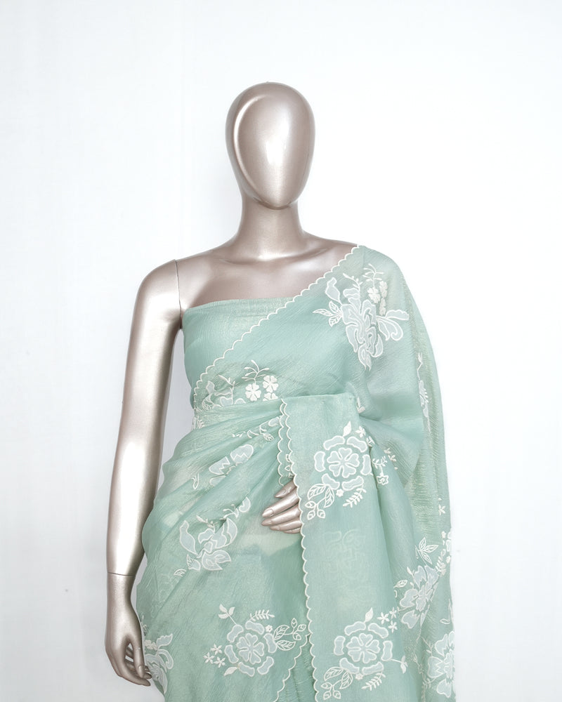 Sea green Crushed Organza Saree – Floral Elegance SAN3993