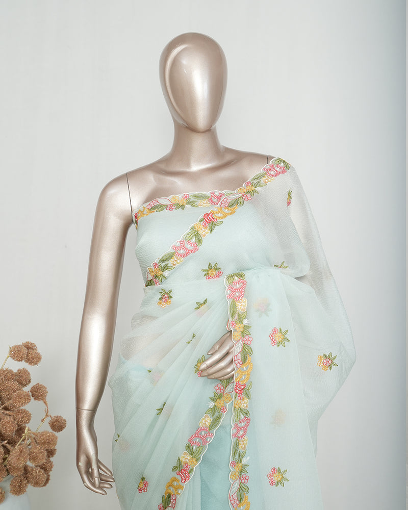 Ice Blue Crushed Organza Saree SAN4341